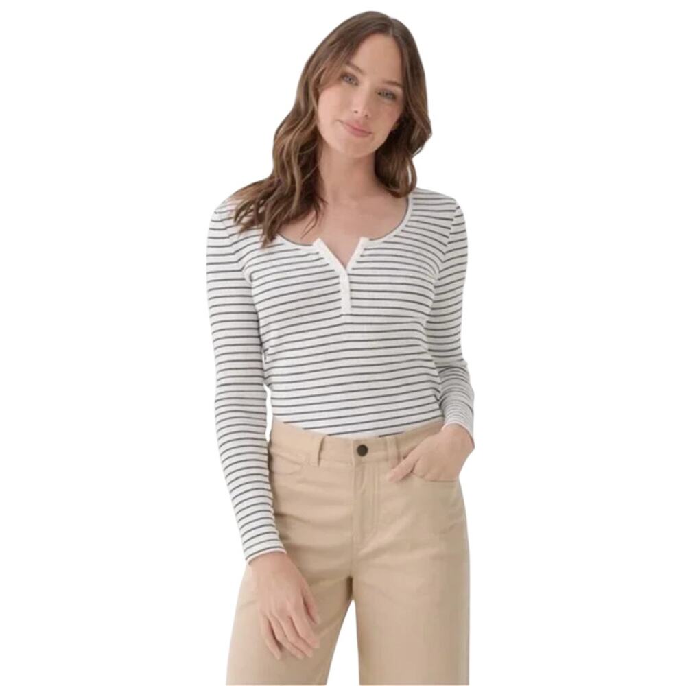 Pact White and Black Striped Long-Sleeve Henley Top